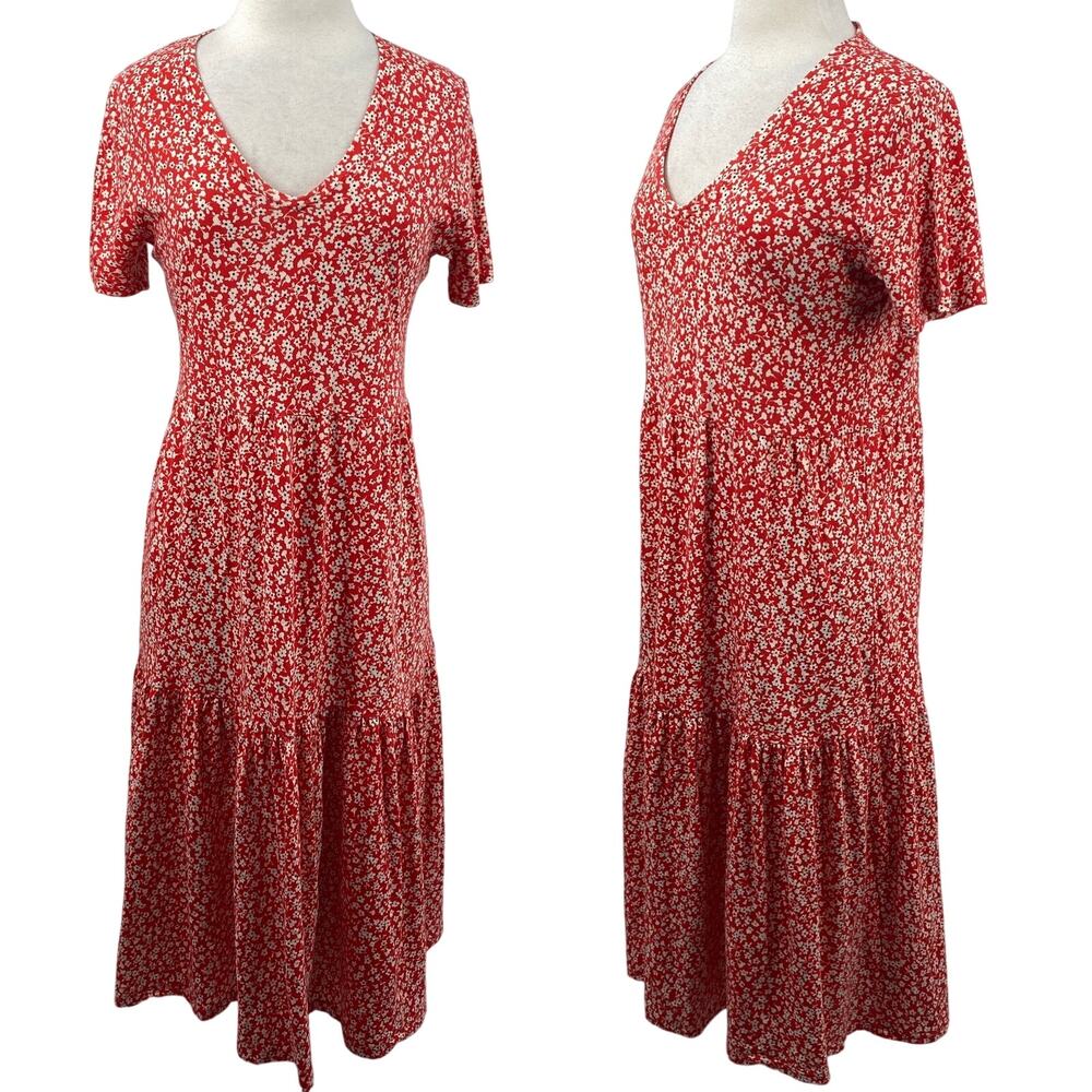 J Crew Cotton Tiered Floral Midi Dress V Neck Short Sleeve Jersey Knit Red White